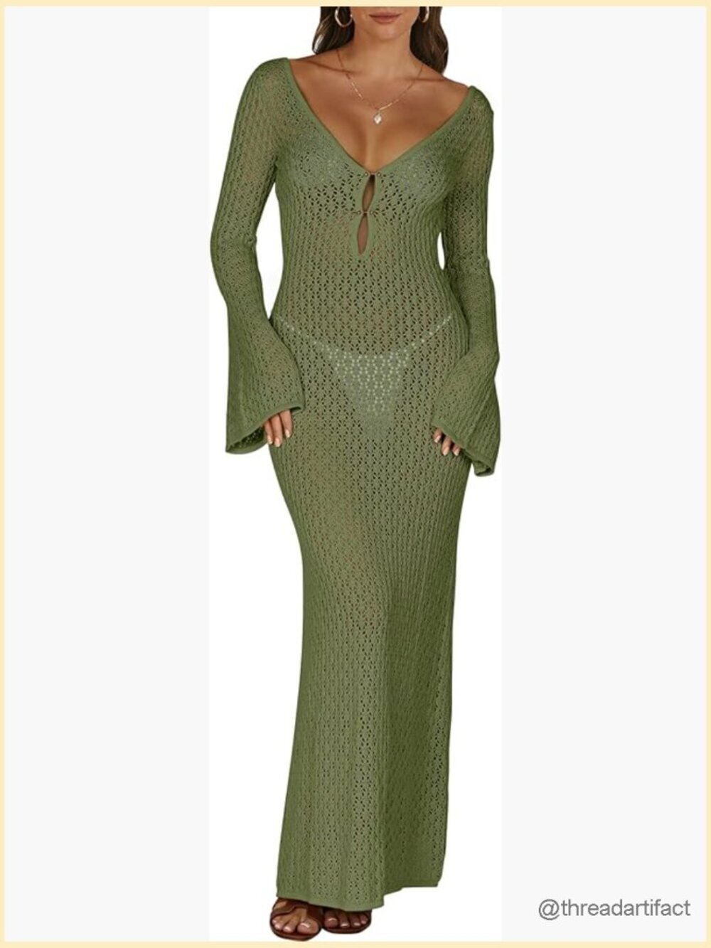 Crochet Knit Swim Cover Up V-Neck Beach Dress Long Sleeve Bodycon